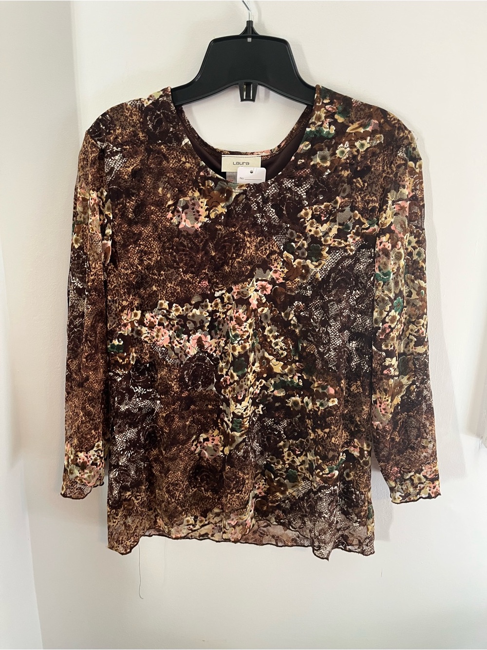 Women’s Y2K Lace Sheer Brown 3/4 sleep Top - Large Fit